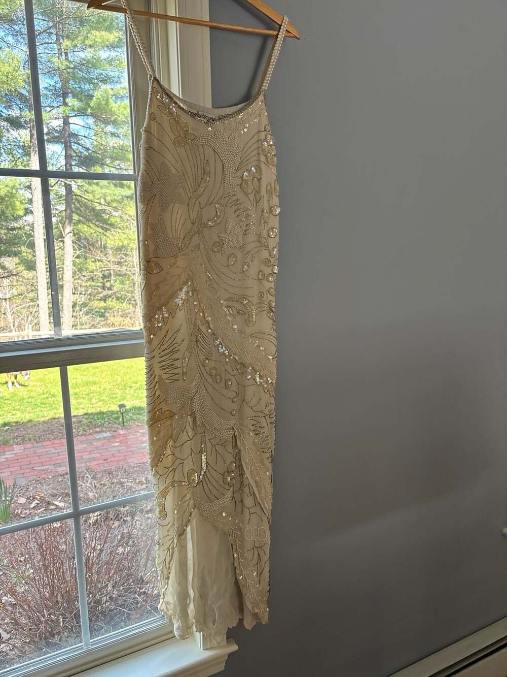 Vintage Metamorphosis 100% Silk Beaded and Sequin Gown with Faux Pearl Straps